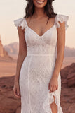 Ivory Mermaid Lace Flutter Sleeves Boho Wedding Dress with Ruffle Slit
