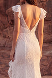 Ivory Mermaid Lace Flutter Sleeves Boho Wedding Dress with Ruffle Slit
