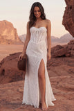 Strapless Ivory Corset Lace Boho Wedding Dress with Slit