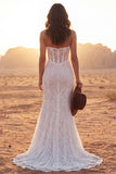 Strapless Ivory Corset Lace Boho Wedding Dress with Slit