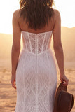 Strapless Ivory Corset Lace Boho Wedding Dress with Slit