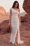 One Shoulder Ivory Mermaid Ruffled Boho Lace Wedding Dress with Slit