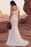 One Shoulder Ivory Mermaid Ruffled Boho Lace Wedding Dress with Slit