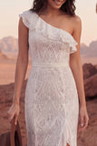 One Shoulder Ivory Mermaid Ruffled Boho Lace Wedding Dress with Slit