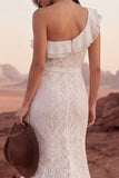 One Shoulder Ivory Mermaid Ruffled Boho Lace Wedding Dress with Slit
