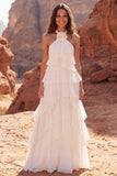 Halter Ruffled Ivory A Line Boho Wedding Dress with 3D Flower