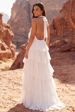 Halter Ruffled Ivory A Line Boho Wedding Dress with 3D Flower