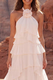 Halter Ruffled Ivory A Line Boho Wedding Dress with 3D Flower