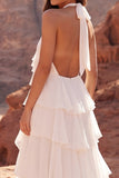 Halter Ruffled Ivory A Line Boho Wedding Dress with 3D Flower