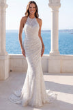 Halter Ivory Mermaid Ruched Sequin Long Wedding Dress