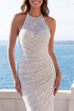 Halter Ivory Mermaid Ruched Sequin Long Wedding Dress