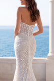 Halter Ivory Mermaid Ruched Sequin Long Wedding Dress