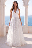 Ivory Halter Floral A Line Long Wedding Dress