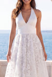 Ivory Halter Floral A Line Long Wedding Dress