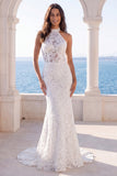 Halter Ivory Mermaid Floral Long Wedding Dress with Embroidery