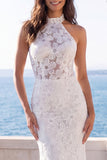 Halter Ivory Mermaid Floral Long Wedding Dress with Embroidery