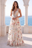 Ivory Floral A Line V Neck Wedding Dress with Embroidery