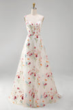 Ivory Floral A Line V Neck Wedding Dress with Embroidery