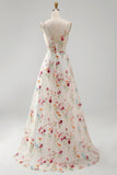 Ivory Floral A Line V Neck Wedding Dress with Embroidery