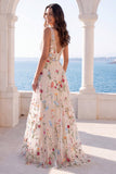 Ivory Floral A Line V Neck Wedding Dress with Embroidery