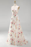 Ivory Floral A Line V Neck Wedding Dress with Embroidery