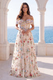 Off the Shoulder Ivory Corset A Line Floral Wedding Dress