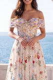 Off the Shoulder Ivory Corset A Line Floral Wedding Dress
