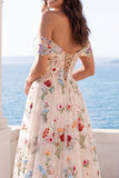 Off the Shoulder Ivory Corset A Line Floral Wedding Dress