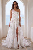 One Shoulder Ivory A Line Printed Floral Wedding Dress with Slit
