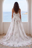 One Shoulder Ivory A Line Printed Floral Wedding Dress with Slit