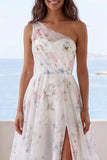 One Shoulder Ivory A Line Printed Floral Wedding Dress with Slit
