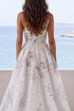 One Shoulder Ivory A Line Printed Floral Wedding Dress with Slit