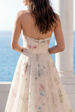 Strapless A Line Ivory Printed Floral Wedding Dress