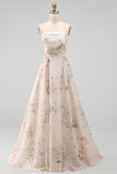Strapless A Line Ivory Printed Floral Wedding Dress
