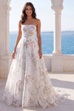 Strapless A Line Ivory Printed Floral Wedding Dress