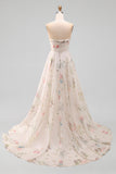 Strapless A Line Ivory Printed Floral Wedding Dress