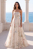 Strapless A Line Ivory Printed Floral Wedding Dress