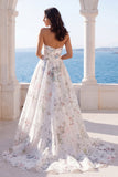 Strapless A Line Ivory Printed Floral Wedding Dress