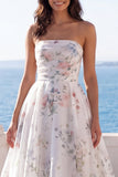 Strapless A Line Ivory Printed Floral Wedding Dress
