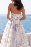 Strapless A Line Ivory Printed Floral Wedding Dress
