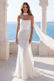 Ivory Strapless Sequin Mermaid Corset Wedding Dress with a Neck Scarf