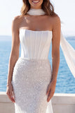 Ivory Strapless Sequin Mermaid Corset Wedding Dress with a Neck Scarf
