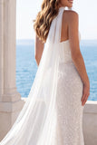 Ivory Strapless Sequin Mermaid Corset Wedding Dress with a Neck Scarf