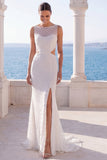 Ivory Mermaid Cut Out Bateau Neck Wedding Dress with Slit