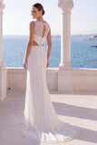 Ivory Mermaid Cut Out Bateau Neck Wedding Dress with Slit