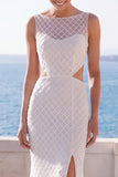 Ivory Mermaid Cut Out Bateau Neck Wedding Dress with Slit