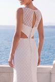 Ivory Mermaid Cut Out Bateau Neck Wedding Dress with Slit