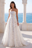 Ivory Strapless Floral A Line Long Wedding Dress