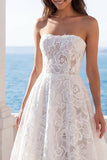 Ivory Strapless Floral A Line Long Wedding Dress