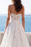 Ivory Strapless Floral A Line Long Wedding Dress